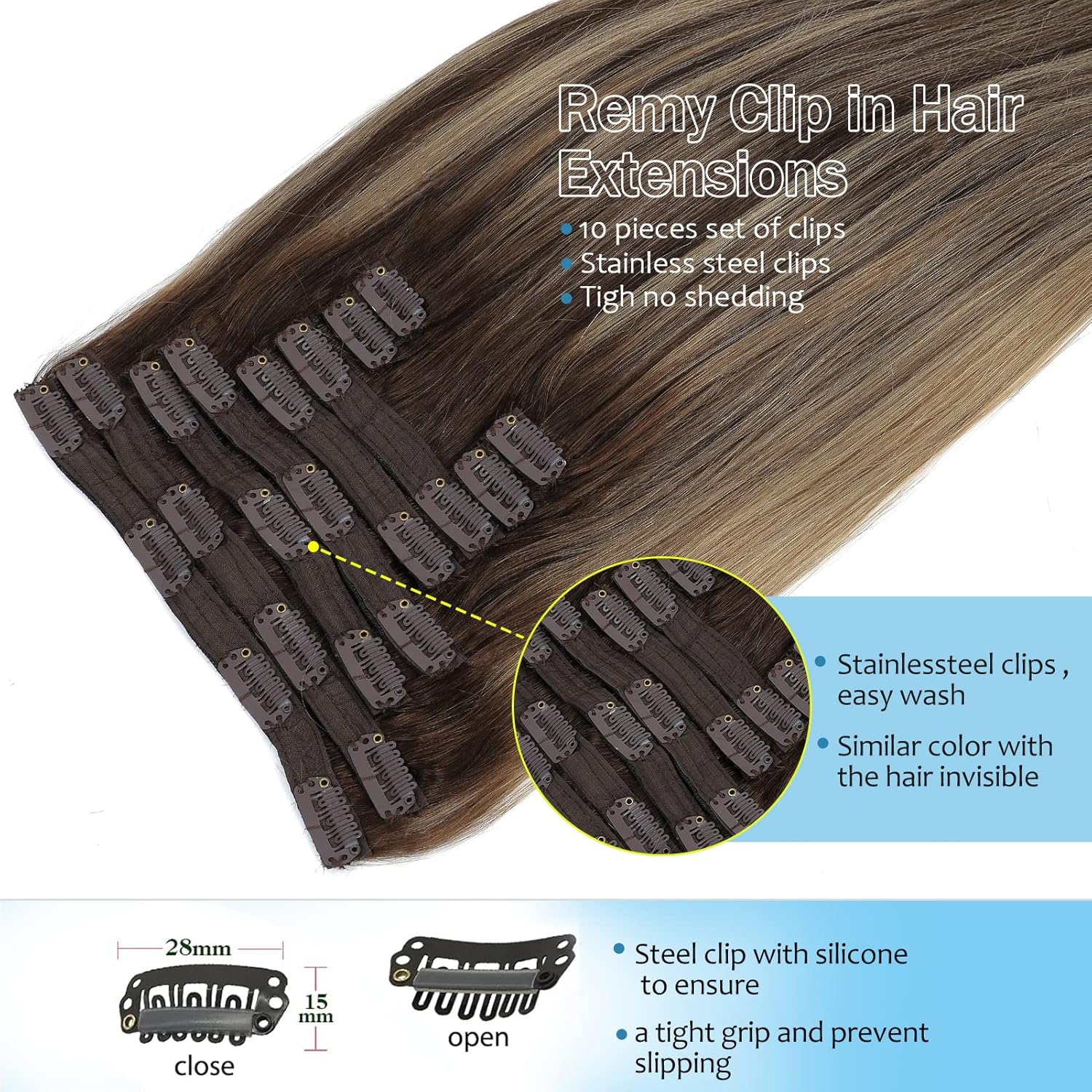 Extensiones de cabello humano real con pinzas, balayage, color marrón chocolate a rubio sucio, mezcla de marrón, 14 pulgadas, 3.53 oz, 10 unidades