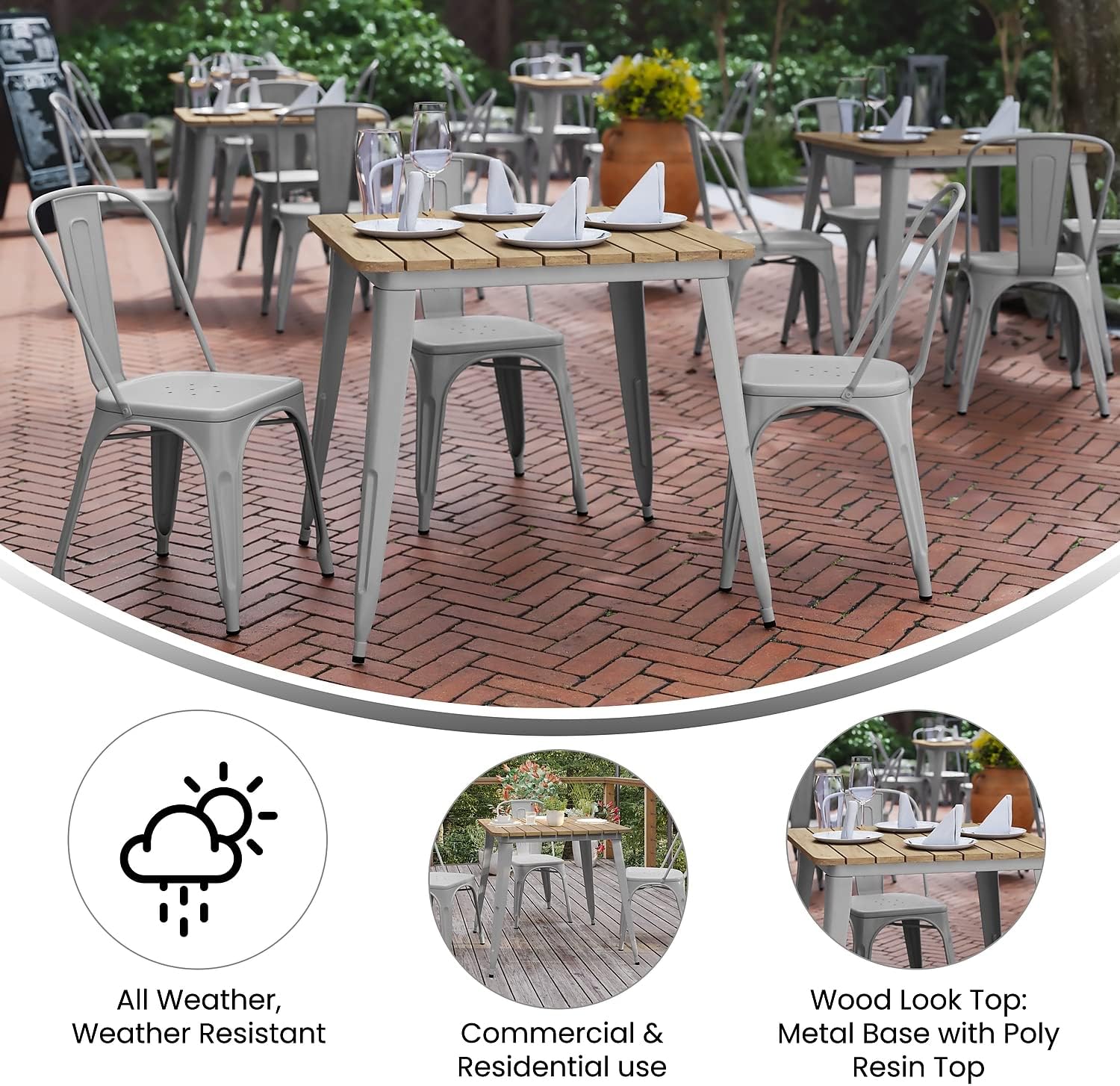 Flash Furniture Declan – Mesa de comedor comercial para exteriores, parte superior de poliresina para todo tipo de clima con base de acero, cuadrada
