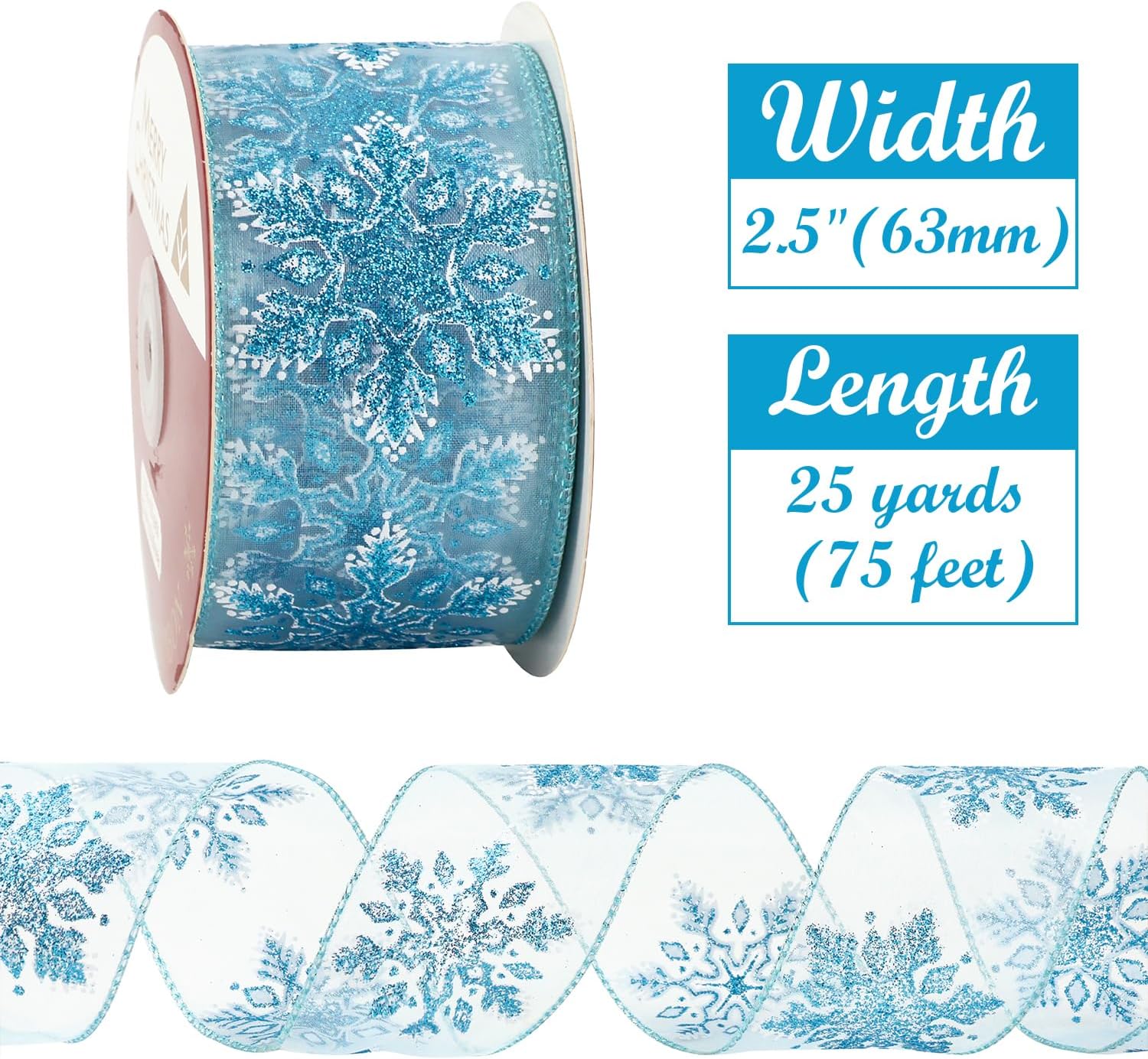 HUIHUANG Cinta de copo de nieve con purpurina, cinta de copo de nieve azul y blanca para árbol de Navidad, 2-12 pulgadas x 25 yardas, cinta de