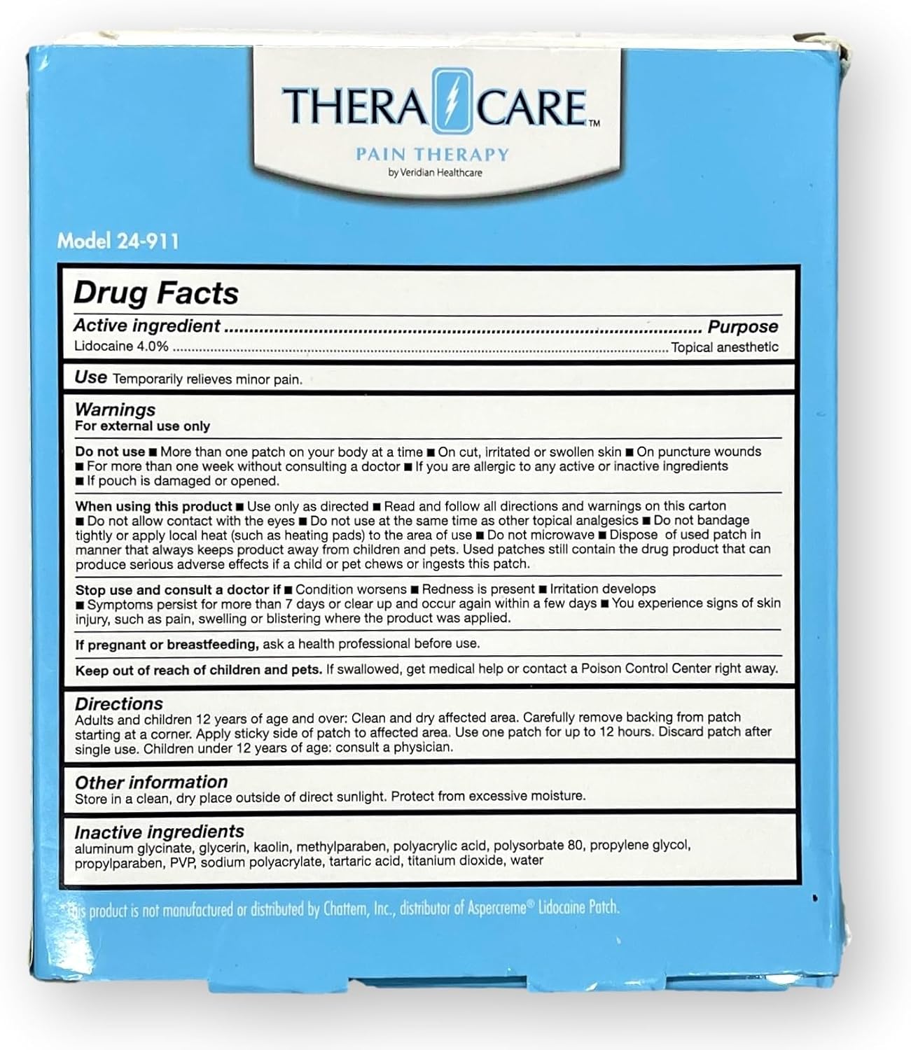 24-911 TheraCare – Parche para alivio del dolor al 4% de lidocaína, solo para uso externo, aplicación adhesiva simple, sin olor, cinco parches