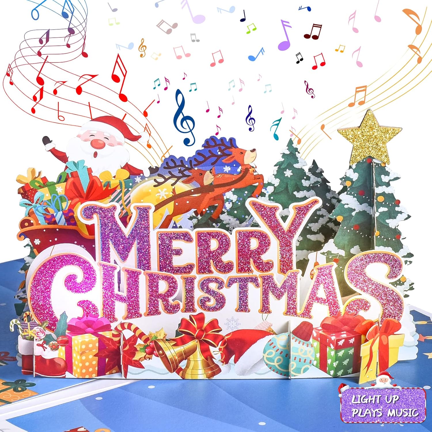 Venhoo Tarjeta de Navidad musical, tarjetas emergentes de Navidad 3D con luces y música de Feliz Navidad, diseño de doble cara, tarjeta de