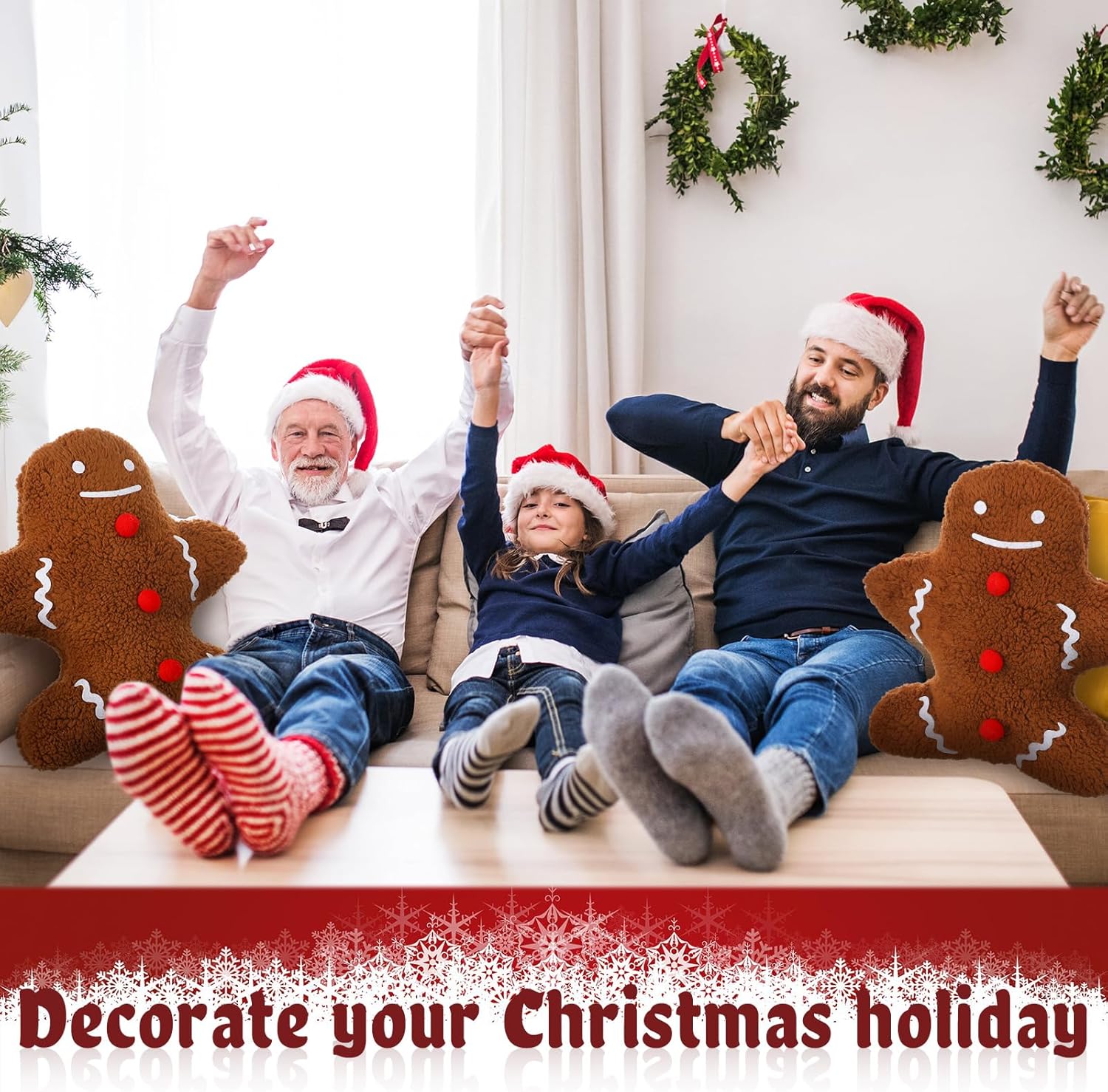 4 cojines de Navidad para fiestas de invierno, decoración para sofá, sofá, hombre de jengibre, almohada de Navidad rellena para fiestas al aire