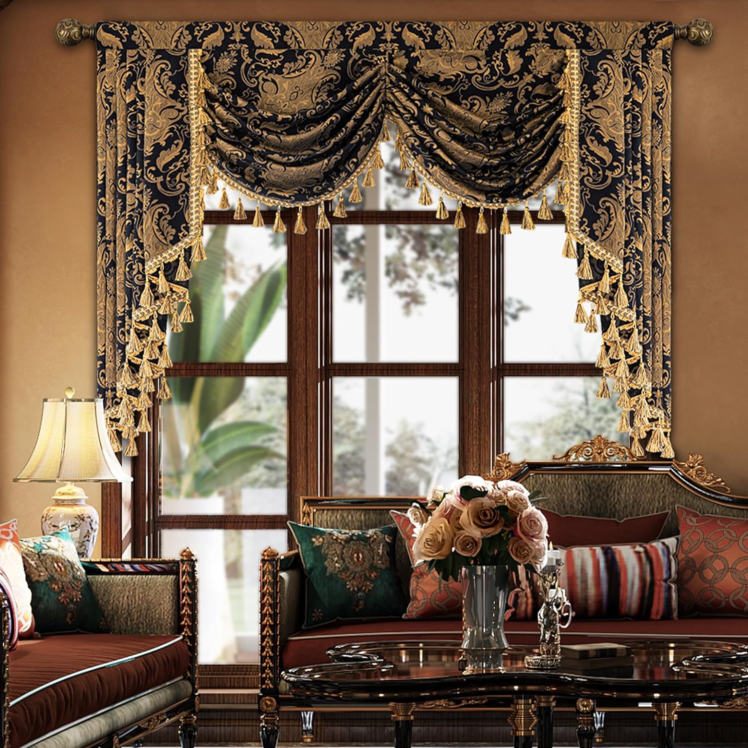 Loom and Mill Cenefa de cascada de lujo para sala de estar, cenefas clásicas de damasco jacquard con borlas, cortinas negras para dormitorio,