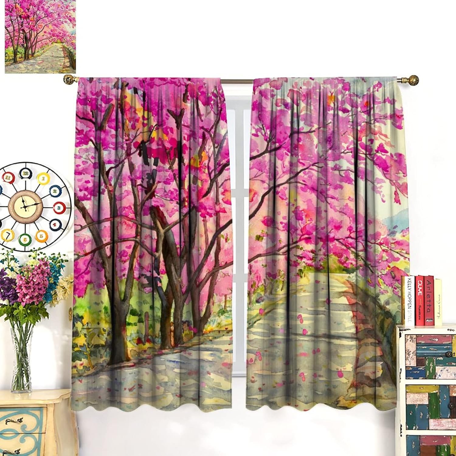 INSFBRB Cortinas opacas con diseño floral japonés, acuarela de primavera, diseño de cerezo rústico, aislamiento térmico y reducción de ruido, 2