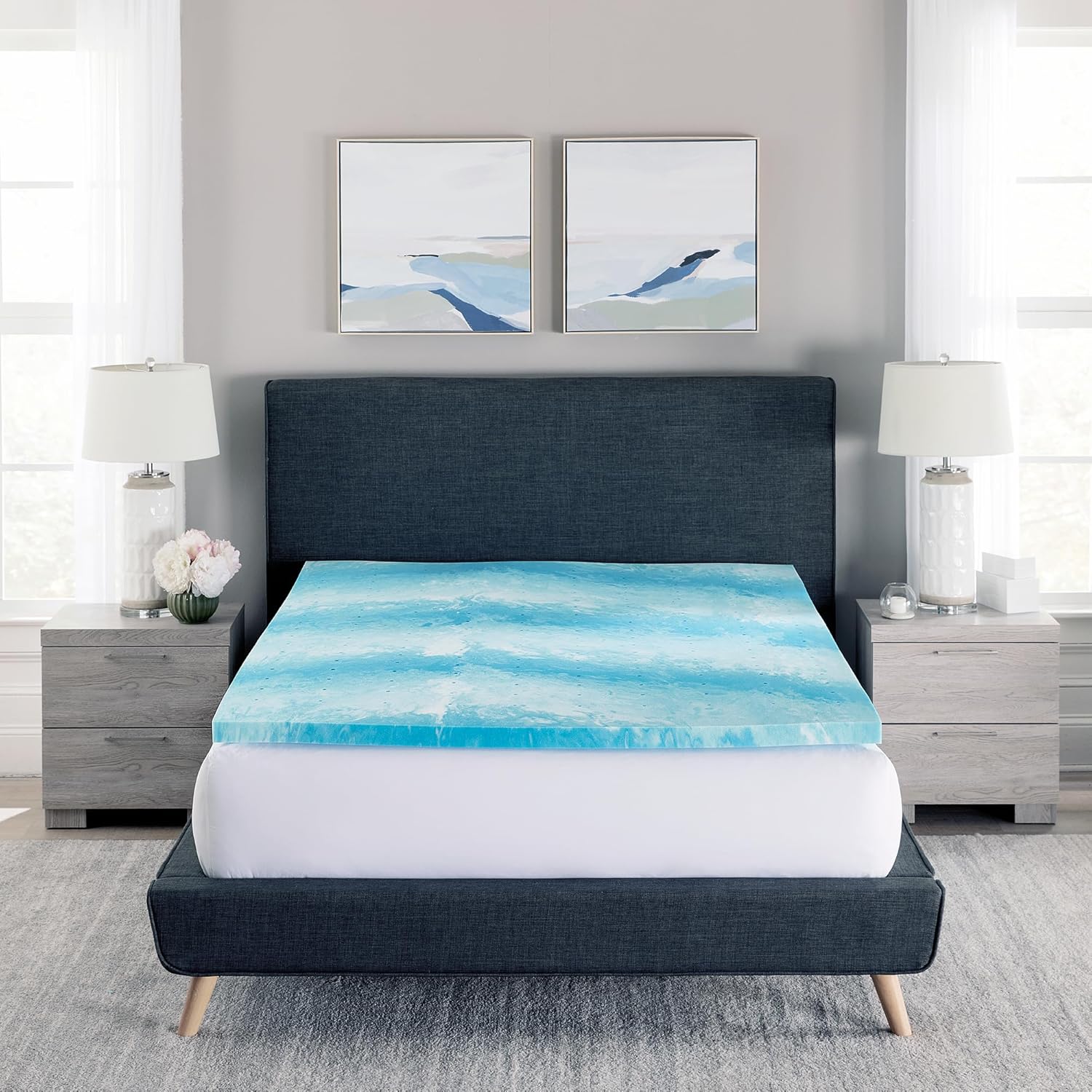 Cubrecolchón de espuma viscoelástica, espuma viscoelástica de remolino de gel, diseño ventilado, espuma certificada CertiPUR-US, azulblanco