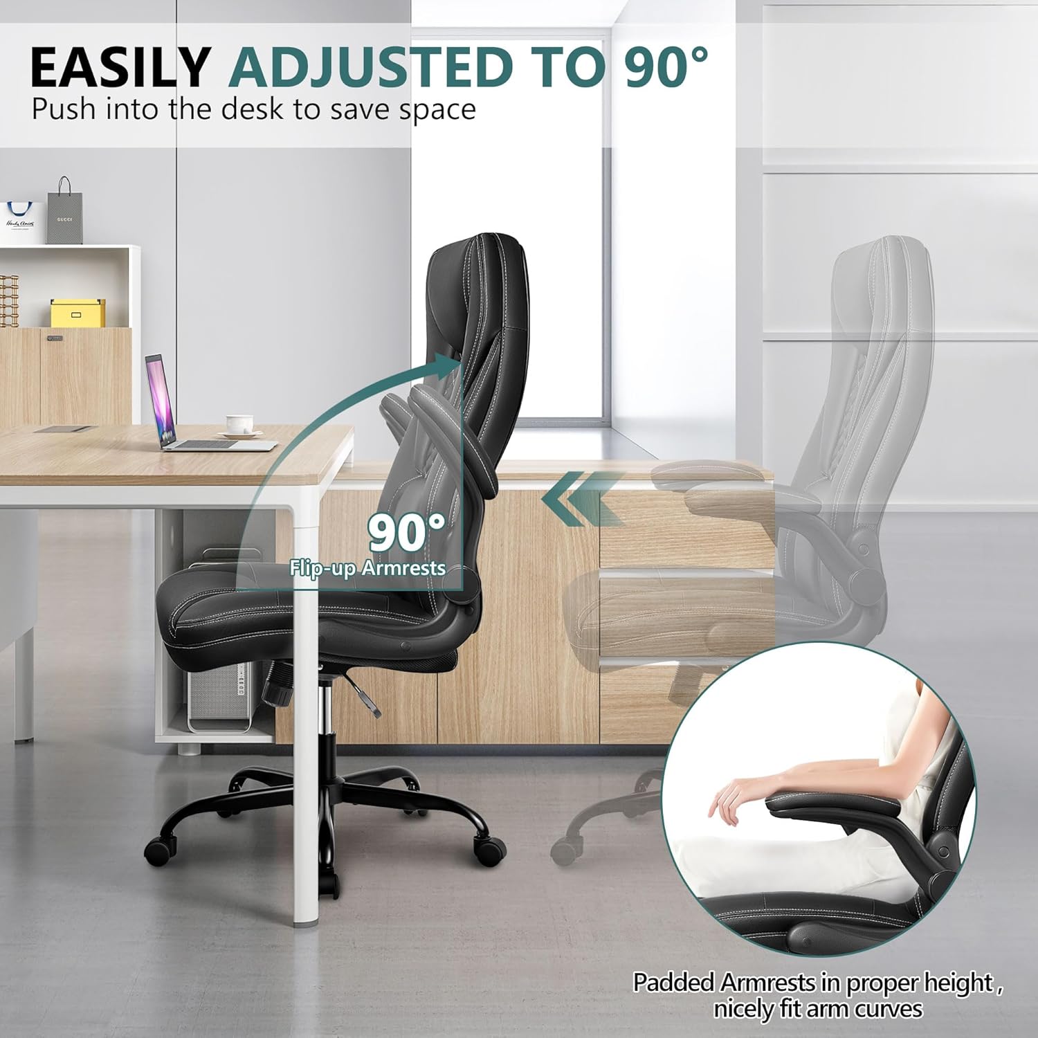 Guessky Silla de oficina, silla de oficina grande y alta, silla de oficina ejecutiva, silla ergonómica de cuero con soporte lumbar, sillas de
