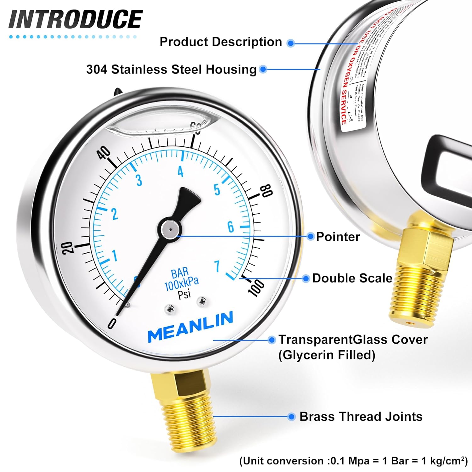 MEANLIN MEASURE 0  100 psi, esfera de acero inoxidable de 14 de pulgada NPT de 2.5 pulgadas, medidor de presión relleno de líquido, montaje inferior