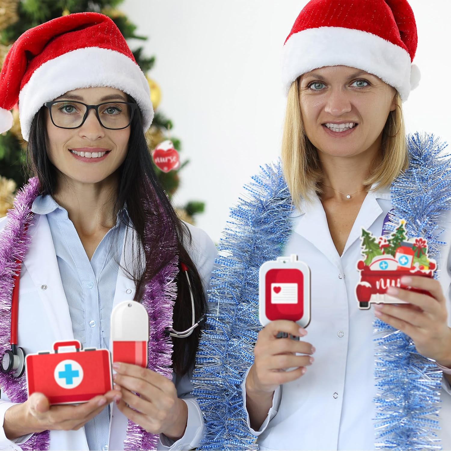 48 piezas de adorno de madera para enfermera de Navidad, bandeja de enfermera, adorno de Navidad para enfermera, adorno colgante con temática de