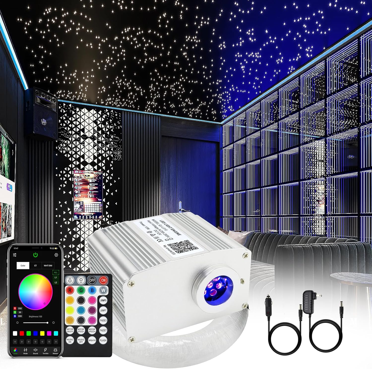 Kit de luces de fibra óptica, luces de cielo de techo de estrella de 10 W, RGBW parpadeantes y efecto de música para el hogar y el automóvil, luz de