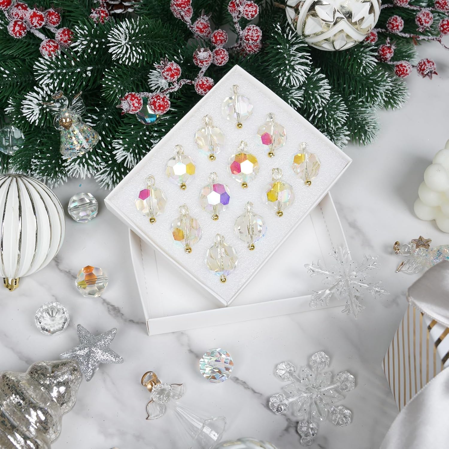12 esferas navideñas de cristal de 1.18 pulgadas, mini bolas de prisma coloridas, adornos de árbol de Navidad, adorno colgante para boda, fiesta,