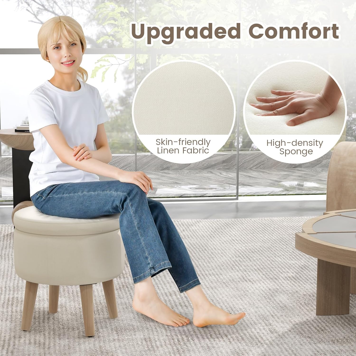 GOFLAME Otomana redonda de almacenamiento con tapa abatible, reposapiés tapizado multifuncional con patas de madera de goma maciza, taburete de