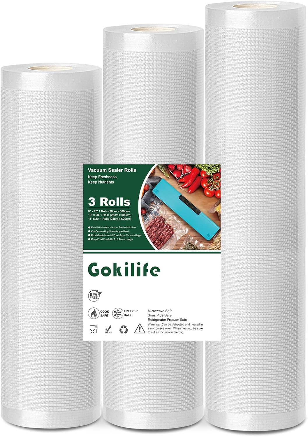 Gokilife Bolsas de sellado al vacío, paquete de 3 bolsas de sellado al vacío de 8 x 20 pies x 20 pulgadas x 20 pies 11 pulgadas x 20 pies, rollos de