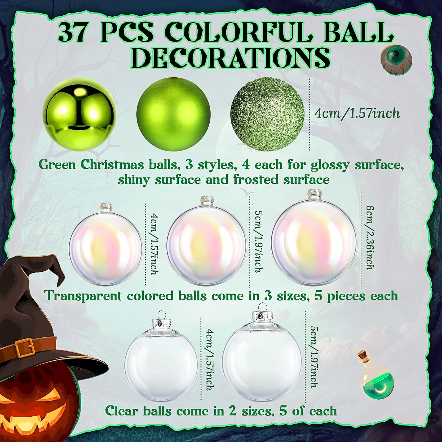 43 piezas de calderos de Halloween, caldero de plástico negro de 7.9 pulgadas con asa, adornos de bolas, algodón artificial, tira de luces y