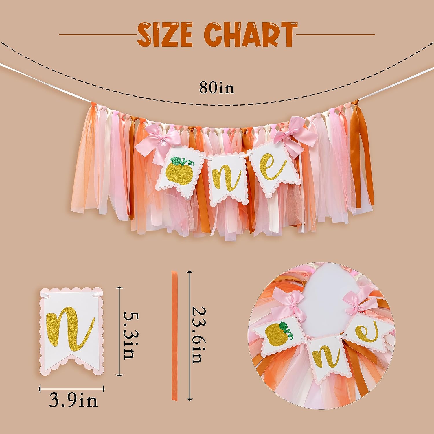 Cartel de calabaza para silla alta, decoración de primer cumpleaños, decoración de fiesta de primer cumpleaños, pancarta de cinta rosa naranja para