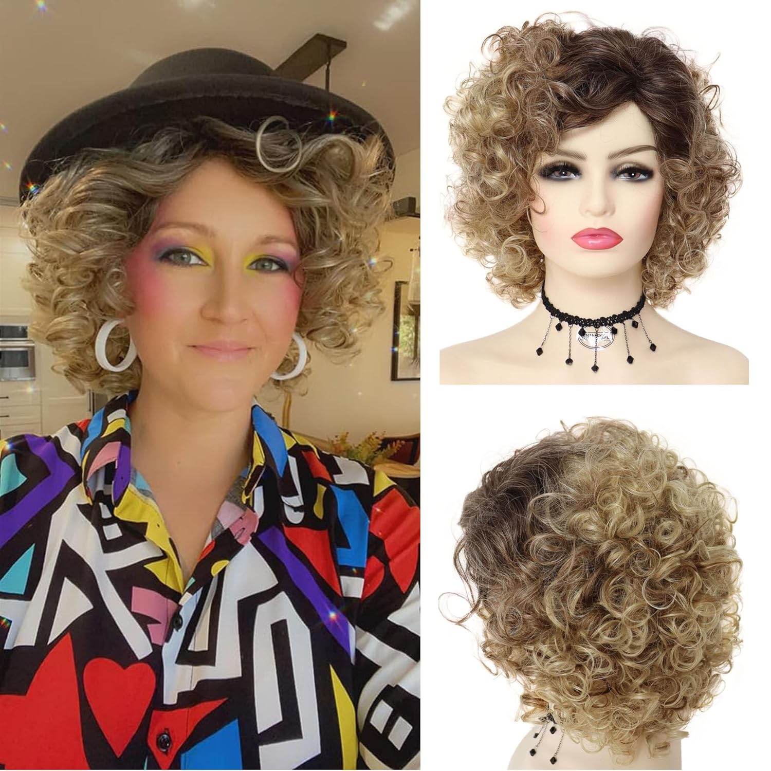 GNIMEGIL Pelucas sintéticas cortas y rizadas para mujer, color rubio oscuro degradado, sueltas, afro, cosplay, peluca de los años 80, raíces