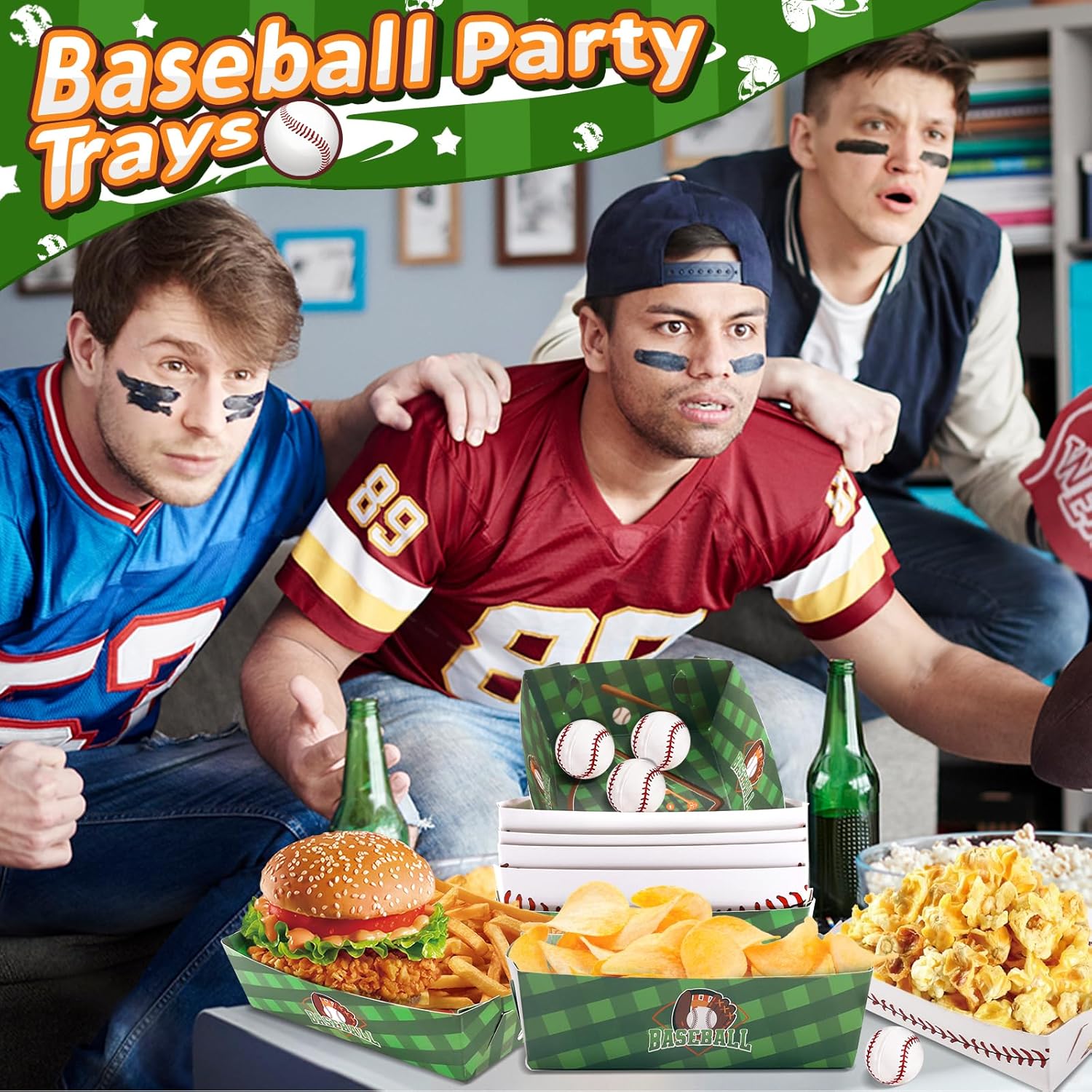 Paquete de 60 bandejas de comida de béisbol, decoraciones de fiesta de béisbol, bandeja de papel desechable para servir alimentos, botes nachos para