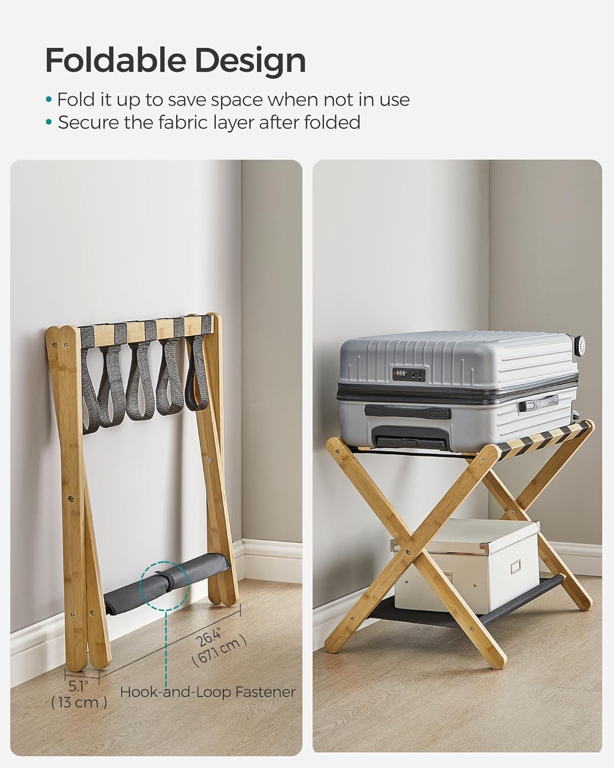 SONGMICS Portaequipajes, soporte plegable para maleta con estante de almacenamiento, para habitación de invitados, hotel, dormitorio, resistente,