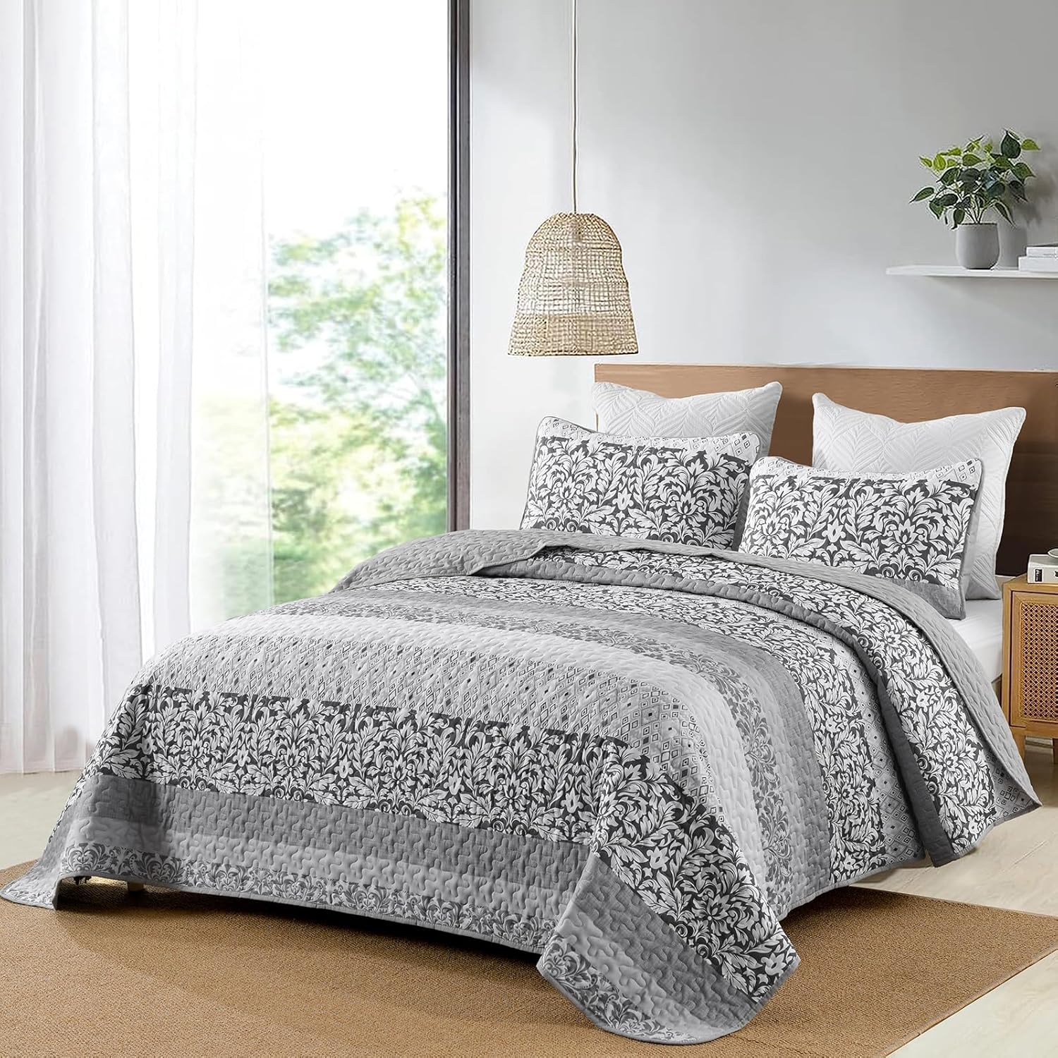 Juego de edredón bohemio gris tamaño Queen, juego de colcha de retazos a rayas gris oscuro de 3 piezas, juego de ropa de cama de microfibra suave