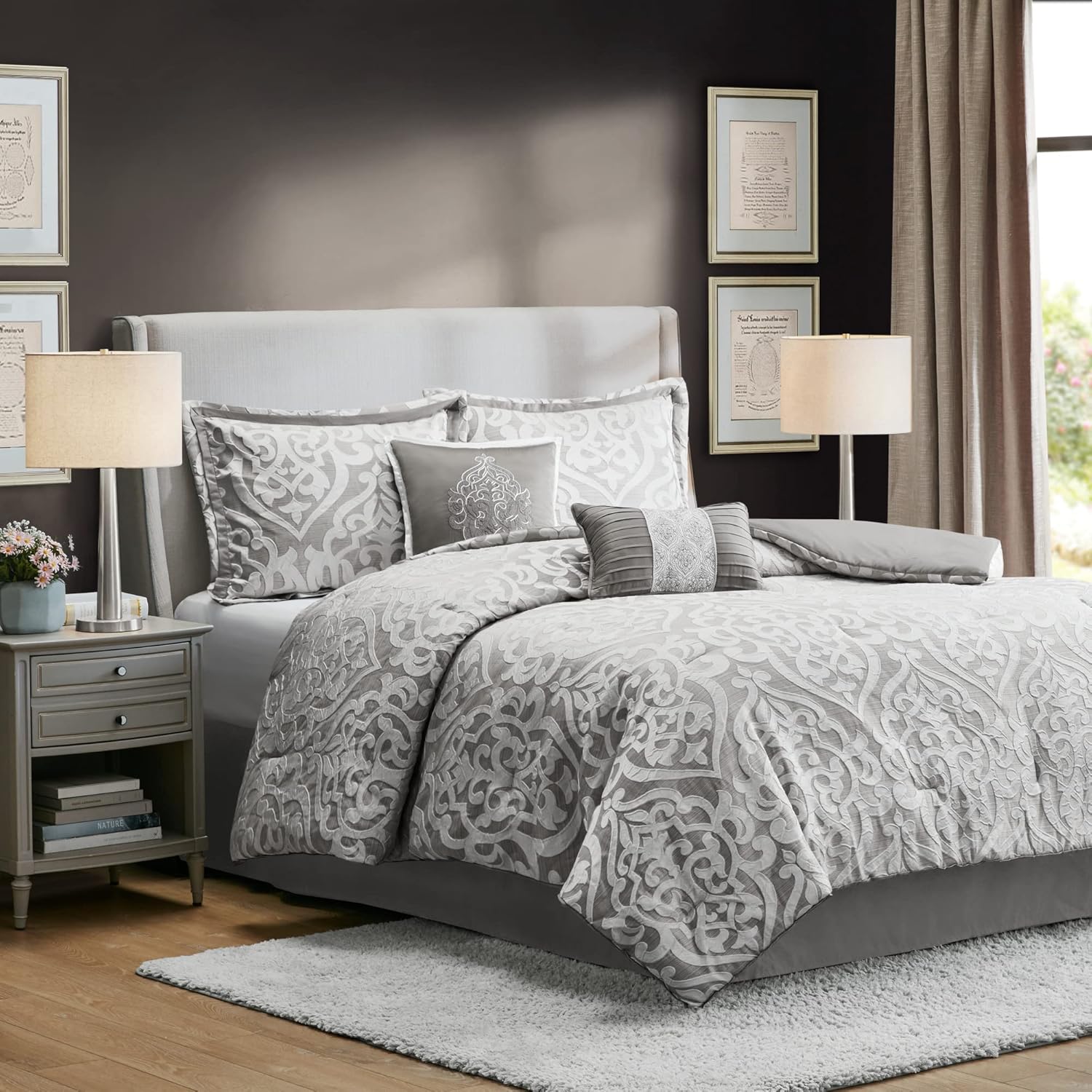 Madison Park Tesla – Juego de edredón acogedor jacquard con diseño de medallón de damasco, ropa de cama alternativa para todas las estaciones,
