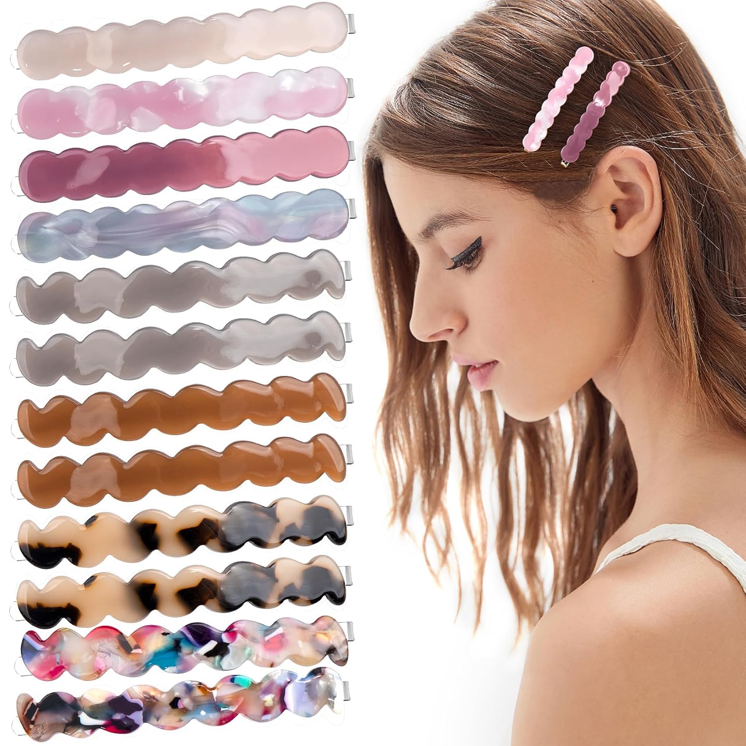 Nuorest 12 horquillas de pelo francés para mujer, elegantes pasadores de pelo de acetato, pinzas anchas para el cabello, accesorios coloridos