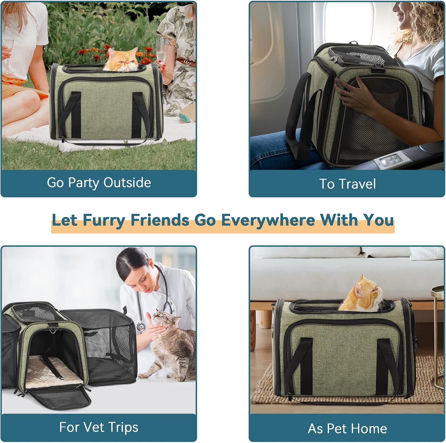 Petsfit Transportador de mascotas aprobado por aerolíneas, con cremallera de bloqueo y correa para el hombro, bolsillos de almacenamiento,