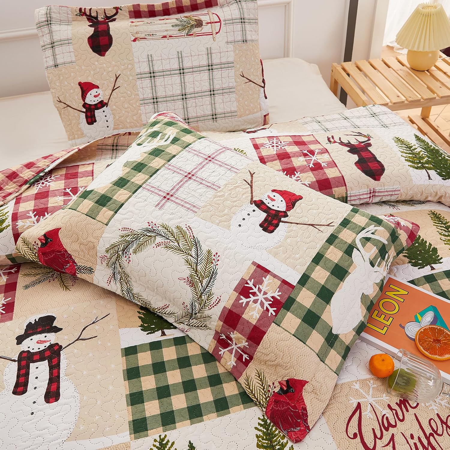 CHESITY Juego de ropa de cama de Navidad de tamaño matrimonialqueen, edredones reversibles de Navidad, edredones rústicos de ciervos, colcha a