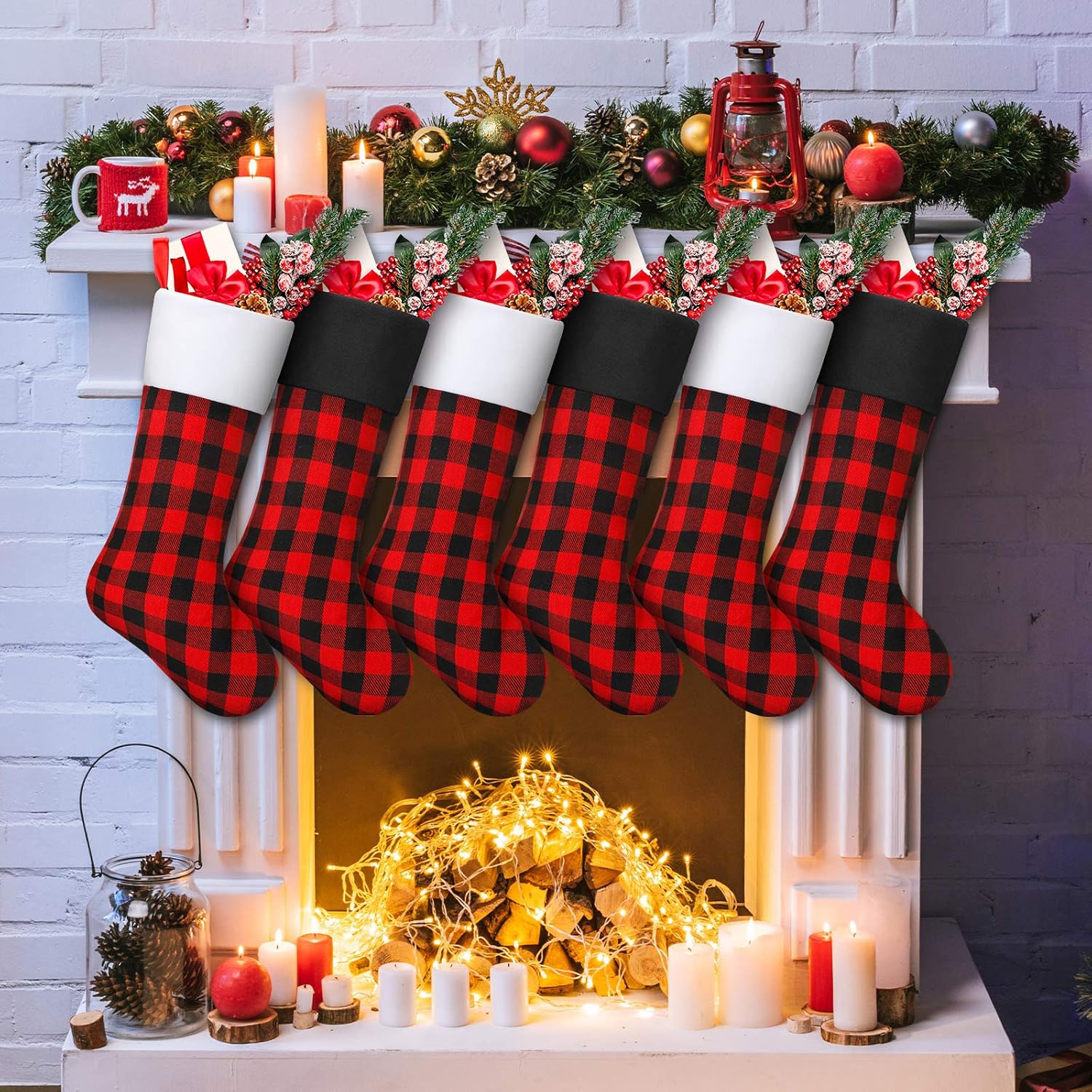 Skylety – Calcetines de Navidad de 20 con tela a cuadros, piel sintética, para colgar en chimeneas, fiestas de Navidad en familia