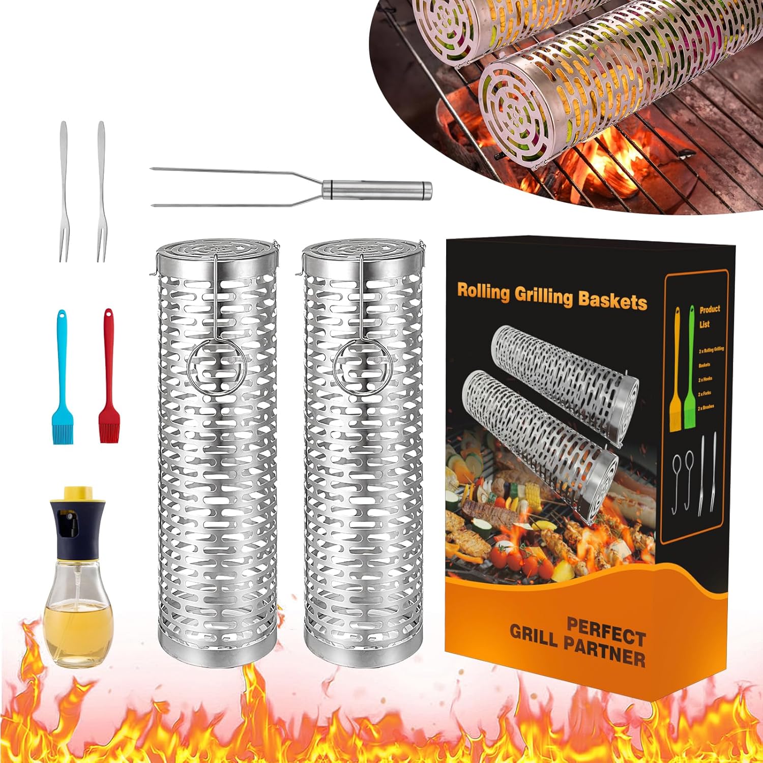 Grill Basket 2 PCS, Rolling Grill Baskets for Outdoor Grill BBQ Grill Basket, Round Stainless Steel Grill Mesh Barbeque Grill Accessories, Camping