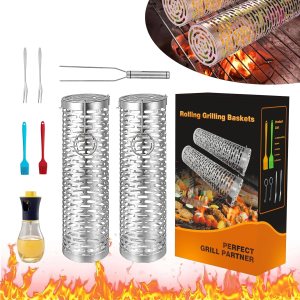 Grill Basket 2 PCS, Rolling Grill Baskets for Outdoor Grill BBQ Grill Basket, Round Stainless Steel Grill Mesh Barbeque Grill Accessories, Camping Grill Basket 2 PCS, Rolling Grill Baskets for Outdoor Grill BBQ Grill Basket, Round Stainless Steel Grill Mesh Barbeque Grill Accessories, Camping