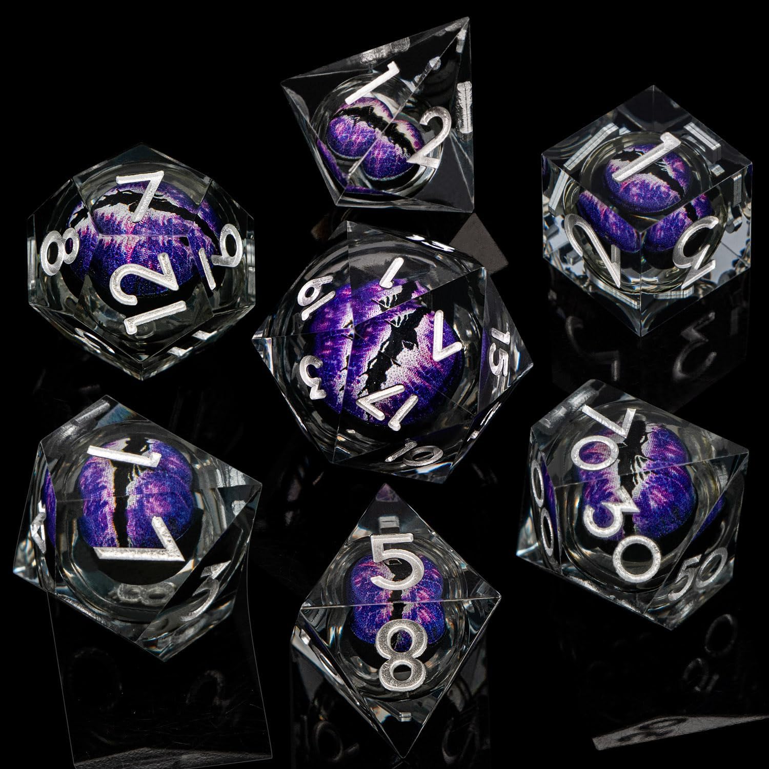 ARUOHHA DND – Juego de dados de resina de ojo de dragón con núcleo líquido, juego de dados de bordes afilados morados con caja de regalo, dados
