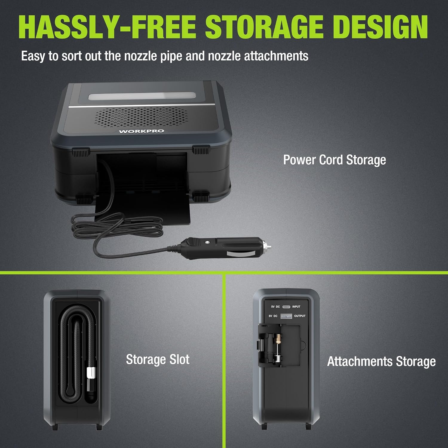 WORKPRO Inflador de neumáticos, compresor de aire portátil, bomba de aire portátil de 12 V para neumáticos de automóvil con batería de 7500 mAh,