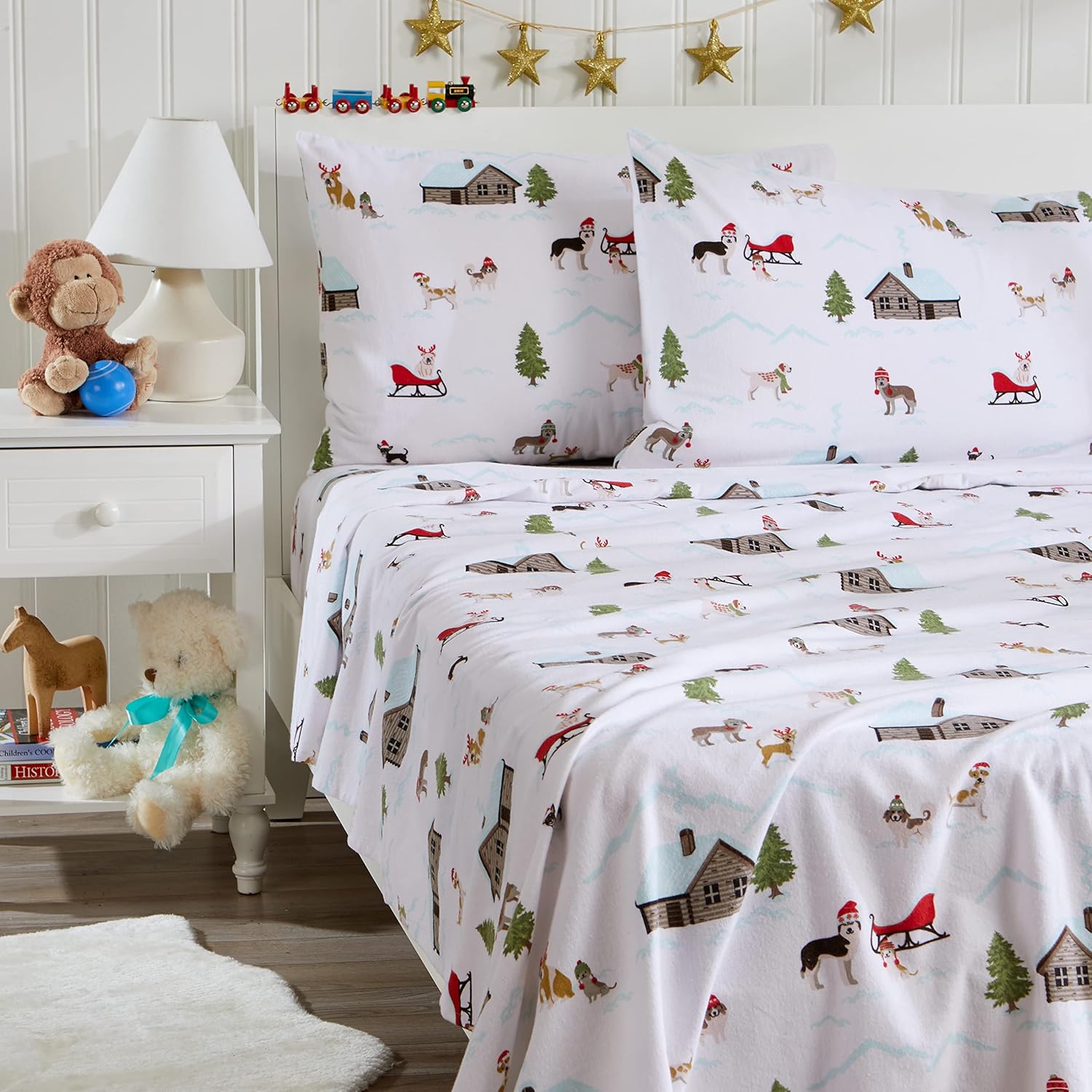 Great Bay Home Juego de sábanas de franela de algodón turco 100 % para Navidad, bajera con gran caída lateral, suaves, para tener una cama cálida,