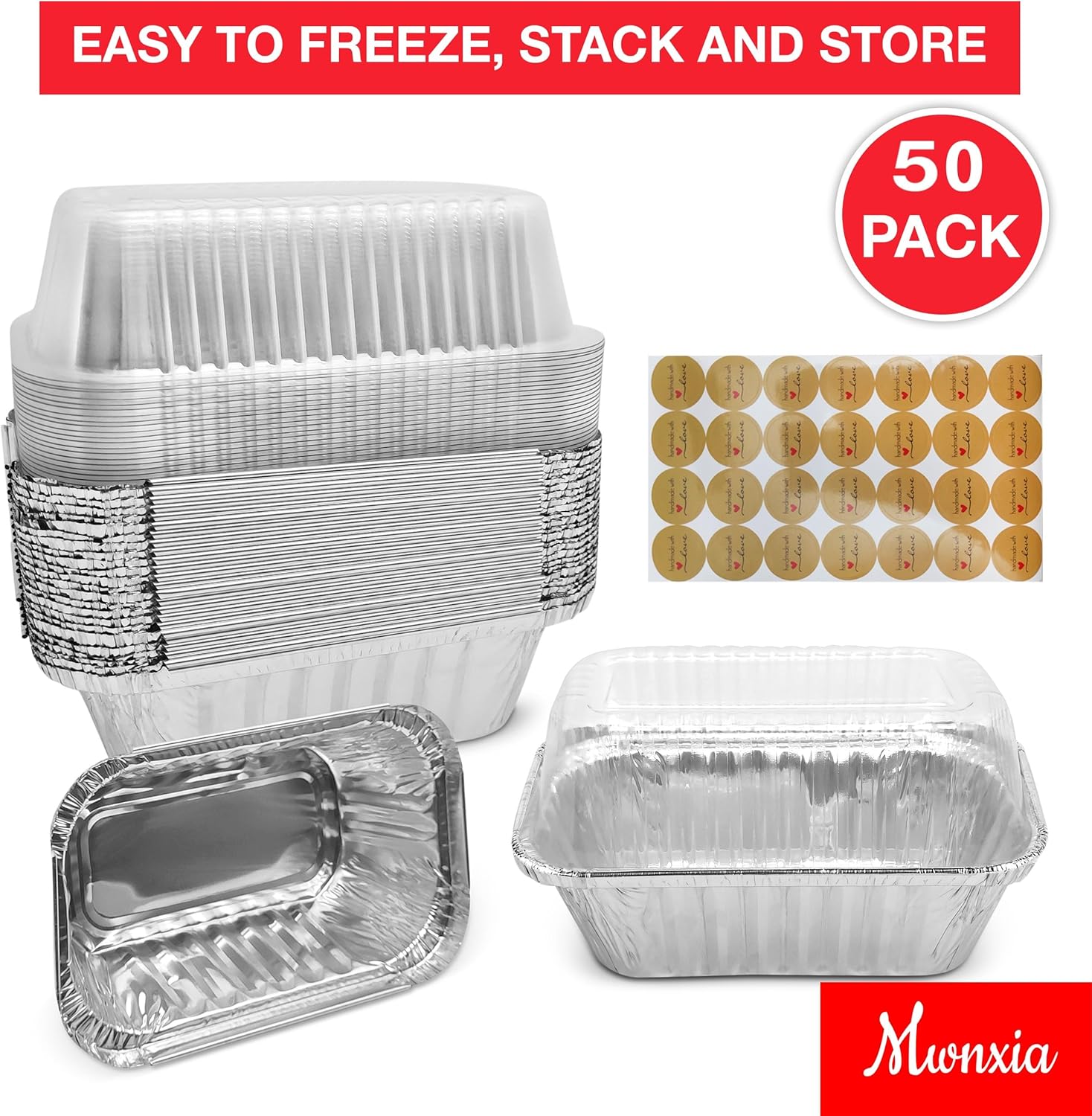 Mwnxia Mini moldes gruesos para pan con tapas, paquete de 50 moldes de aluminio de 1 libra con tapas completas con calcomanías de amor hechas a mano
