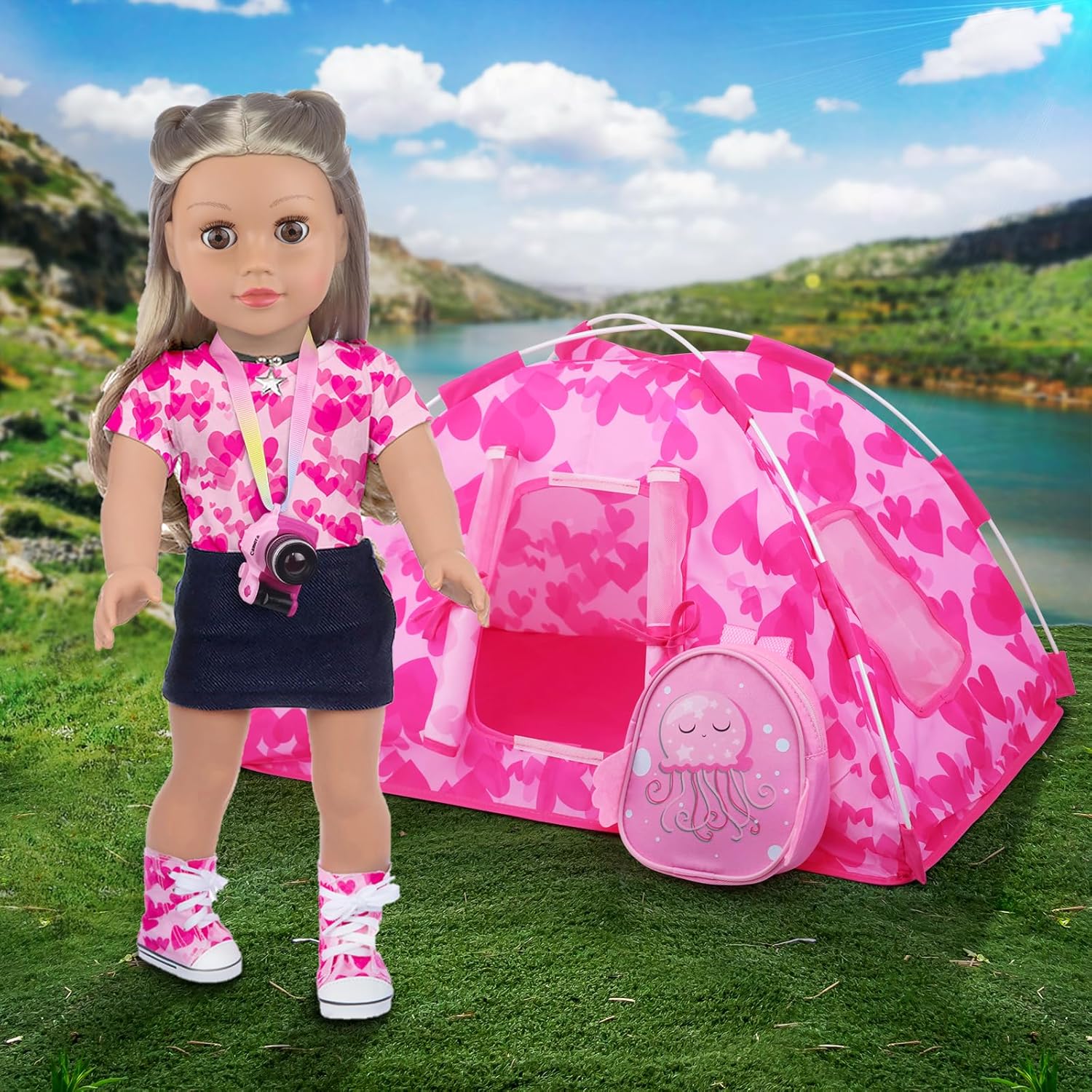 Ecore Fun Juego de 6 tiendas de campaña para muñecas de 18 pulgadas y accesorios que incluyen tienda de campaña para muñecas de 18 pulgadas, mochila
