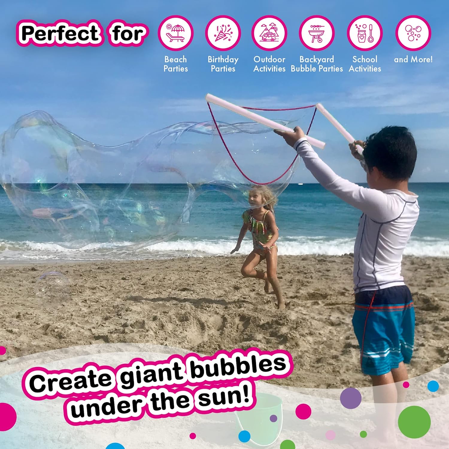 WOWMAZING – Kit de burbujas gigantes Unicornio, incluye varita, 2 bolsas de concentrado de burbujas grandes y 8 calcomanías mágicas activadas por