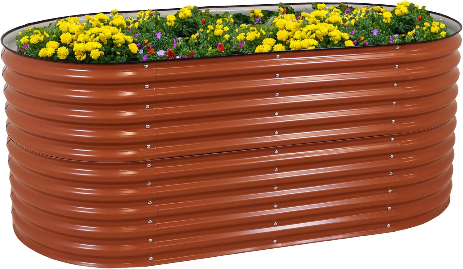 Sunnydaze Cama de jardín elevada ovalada de 79 pulgadas, kit de maceta apilable de acero para flores con borde de goma, color marrón