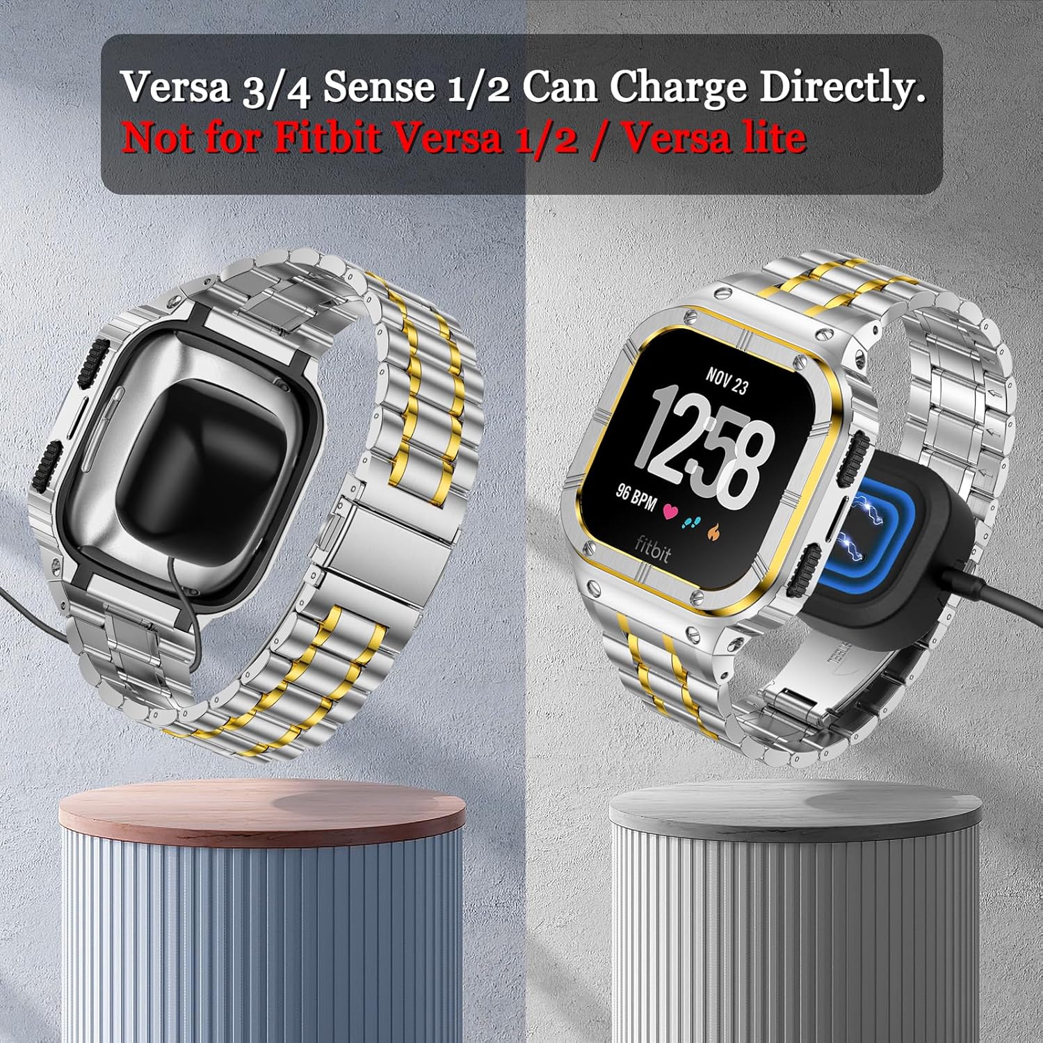 Correa de reloj de acero inoxidable con funda compatible con Fitbit Versa 4Versa 3Versa 2VersaFitbit Versa LiteFitbit Sense 2Sense Bands, pulseras