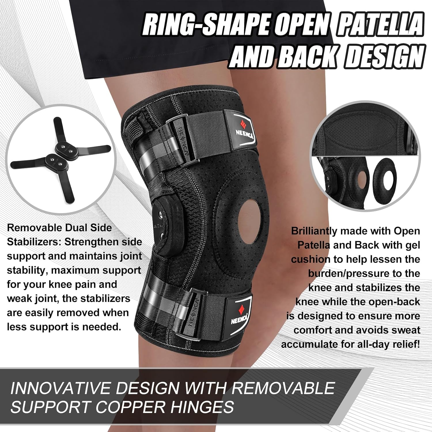 NEENCA Rodillera profesional para dolor de rodilla, soporte ajustable con bisagras con estabilizadores laterales extraíbles, estabilidad para