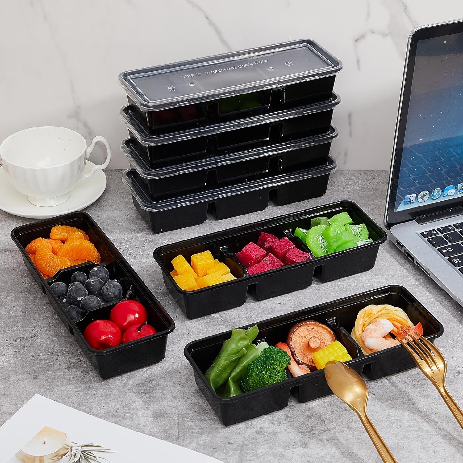 Contenedores pequeños de 17 onzas con 3 compartimentos, cajas Bento de plástico desechables, reutilizables, apilables, cajas de almuerzo de viaje