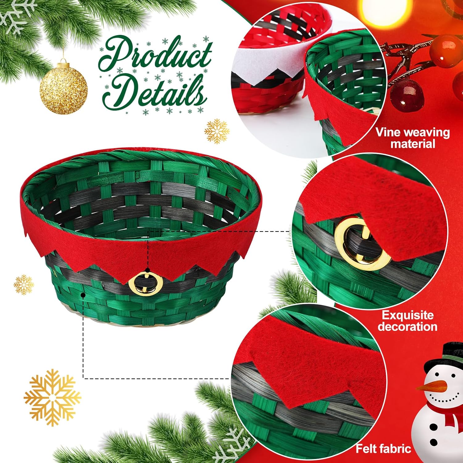 Roowest Cestas redondas de bambú de regalo de Navidad, cestas tejidas para regalos, cestas de personajes de vacaciones, cestas de regalo decorativas