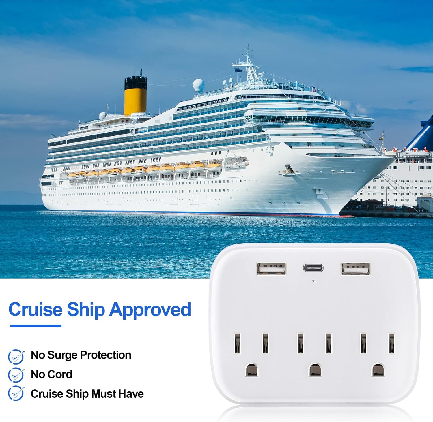 Cruise Power Strip Cruise Essentials – Extensor de salida de protección sin sobretensiones con puertos de salida USB, adaptador de viaje portátil,