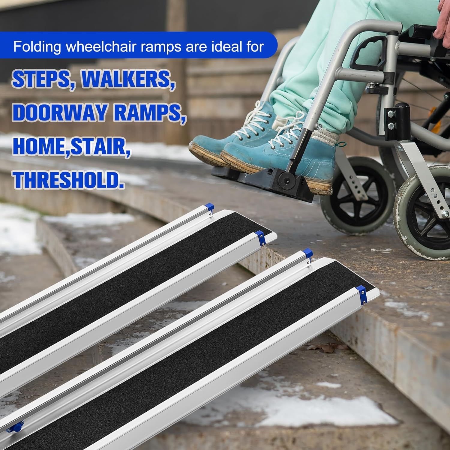 Zonon Rampa portátil para silla de ruedas de 5 pies, rampa plegable de aluminio antideslizante con bolsas de almacenamiento, umbral de puerta,