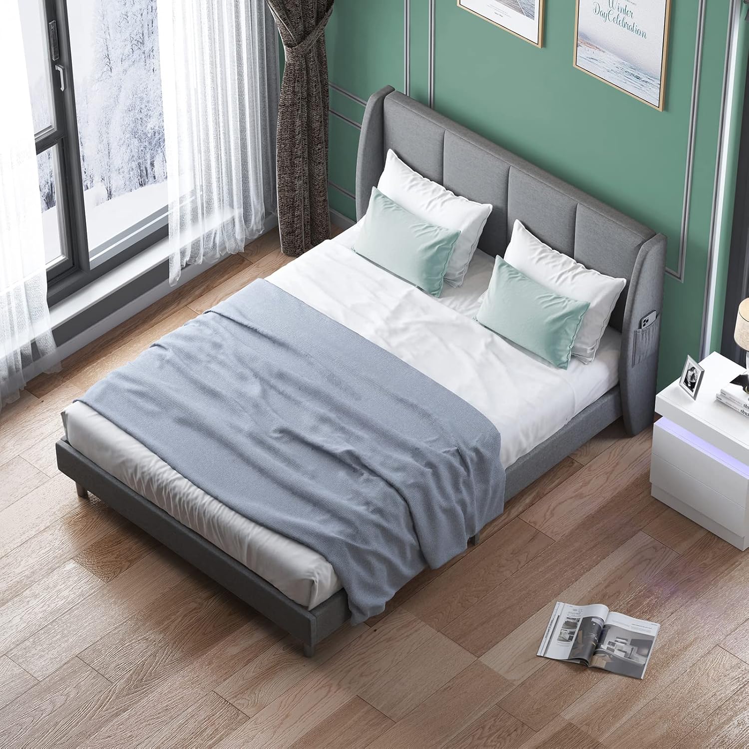 Mjkone Base de cama con cabecera de ala, marco de cama Queen y bolsillos laterales de almacenamiento, base de colchón resistente con listones de