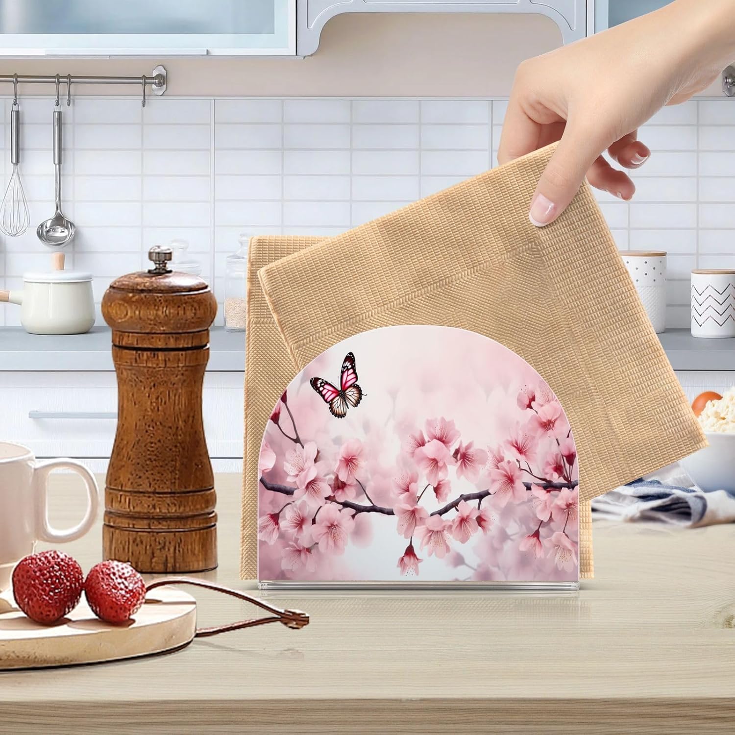 Servilletero de mariposa con diseño de flores de cerezo para colocar de pie, servilleteros modernos y verticales, para fiestas, casa de campo,
