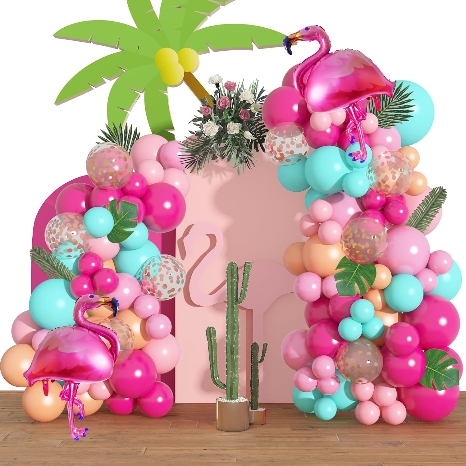 Kit de guirnalda de arco de globos de flamenco tropical de 40 pulgadas, globos de flamenco, globos de confeti rosa intenso, hojas de palma tropical,