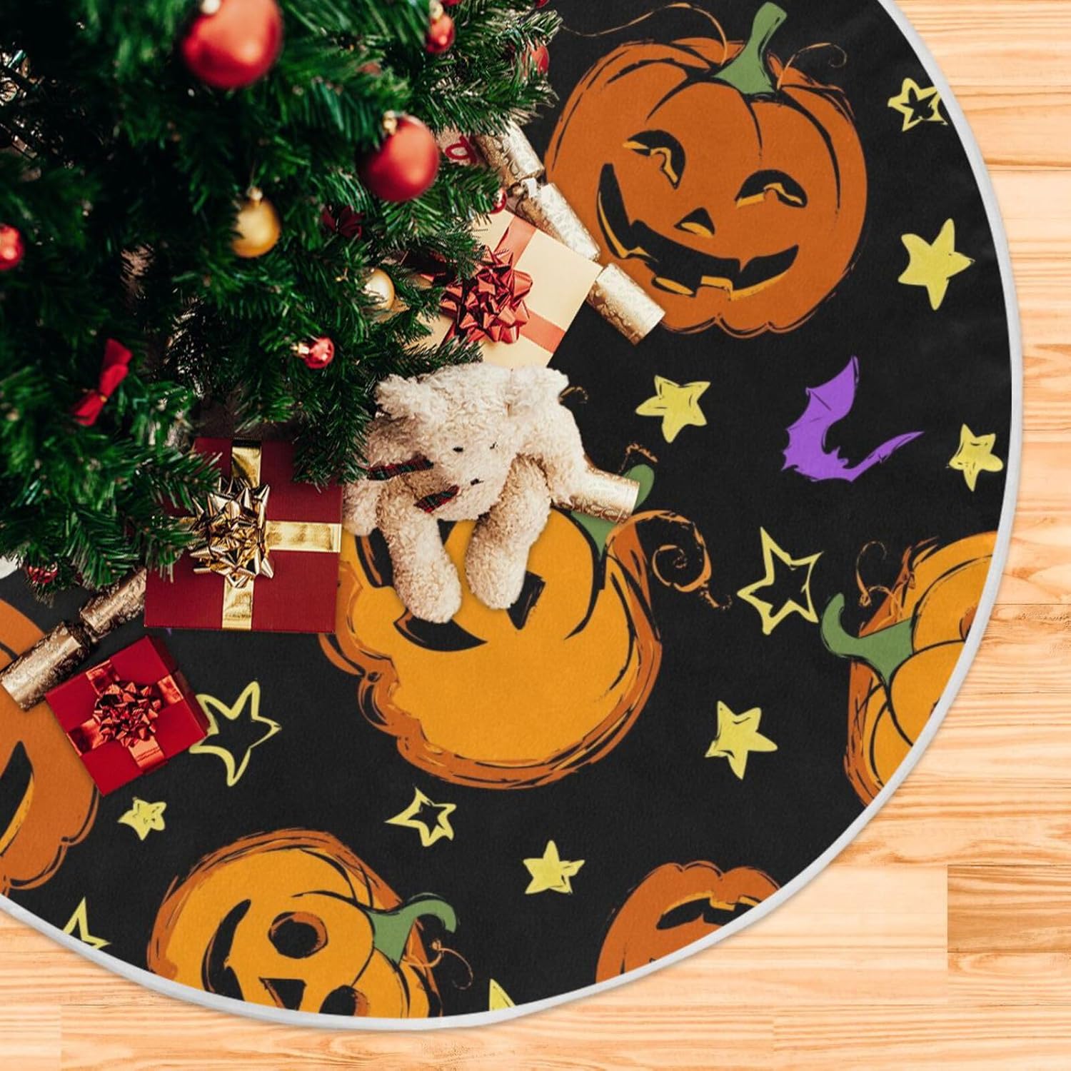 Halloween Pumpkins Festive Christmas Tree Base Skirt, Christmas Tree Floor Decor, Christmas Tree Skirt Machine Washable, Tree Skirt for 3ft Tree