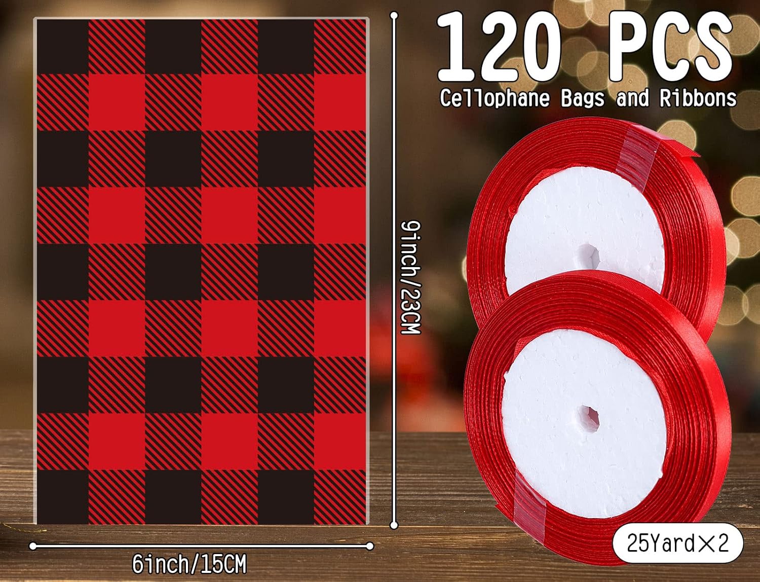 Whaline 120 bolsas de celofán de Navidad de búfalo rojo y negro, bolsas de dulces clásicas a cuadros con cinta de 50 yardas para suministros de