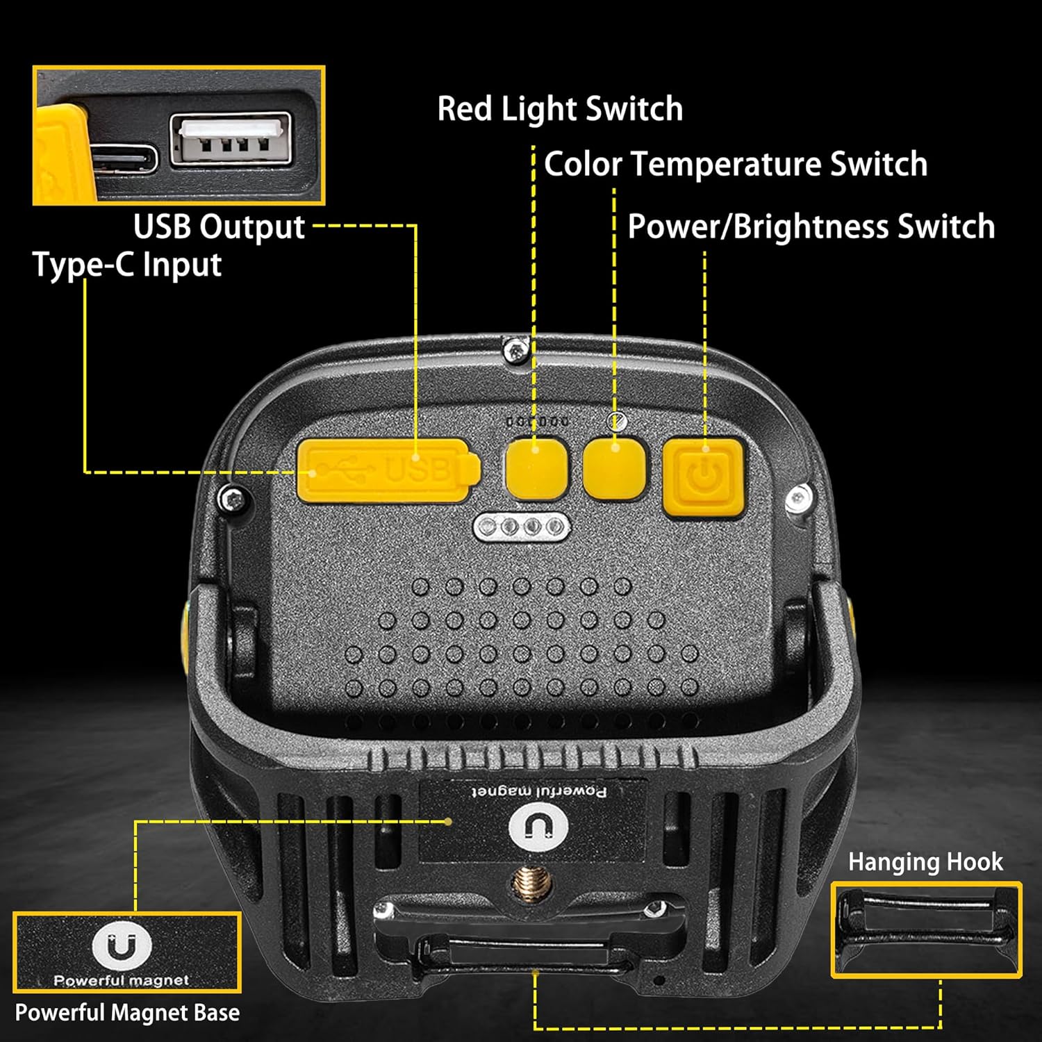 Luz de trabajo LED magnética, 50 W, 5000 lúmenes, luz de inundación portátil inalámbrica con modo SOS de emergencia, 4 niveles de brillo ajustable,