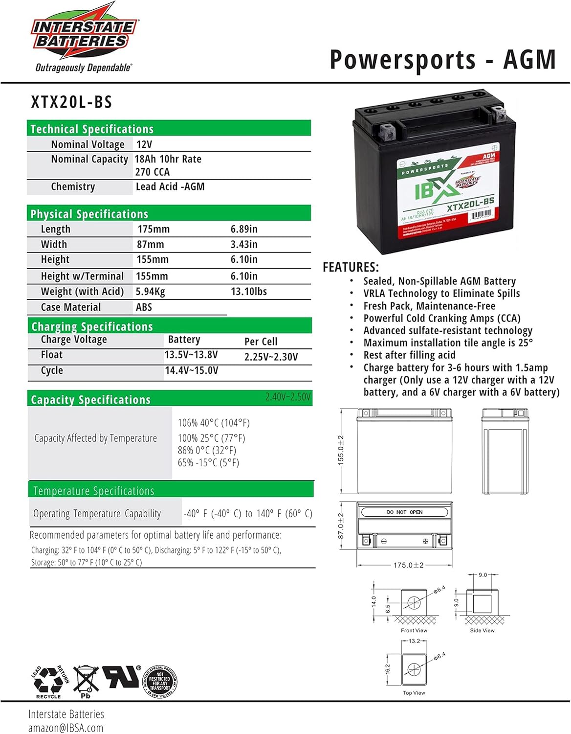 Interstate Batteries YTX20L-BS Powersports – Batería y cargador de 12 V, 1.2 A (paquete), batería AGM de 12 V 18 Ah para motocicletas, cuatrimotos,