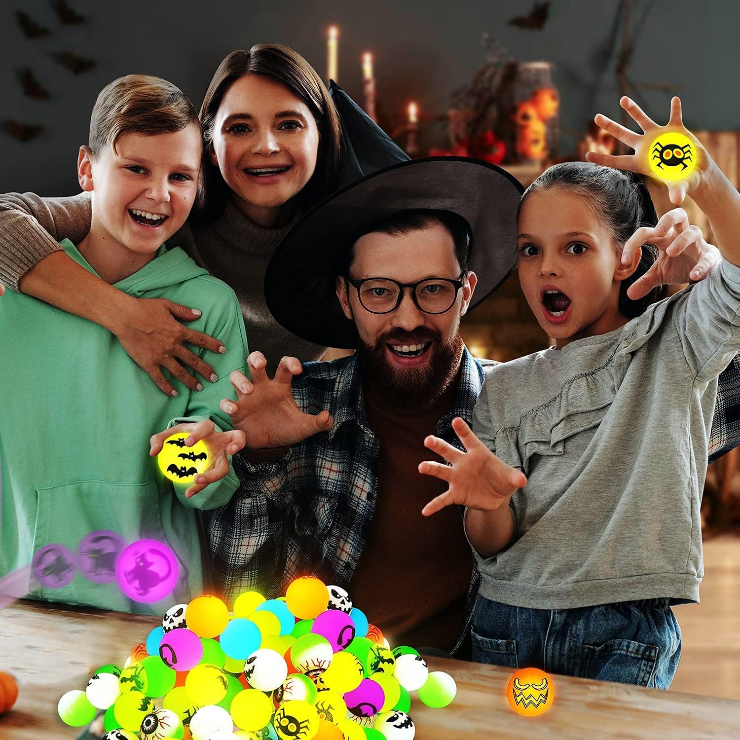 72 bolas que rebotan que brillan en la oscuridad, 8 bolas inflables temáticas de Halloween para suministros de fiesta de Halloween,
